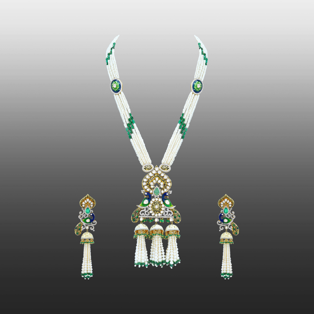 Pearl and Emerald Necklace Set with Polki and Peacock Motifs